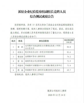 派駐企業紀檢監察組副組長競聘人員綜合測試成績公告