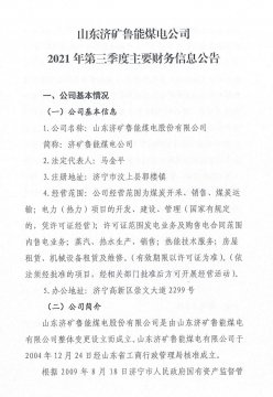山東濟礦魯能煤電公司2021年第三季度主要財務信息公告