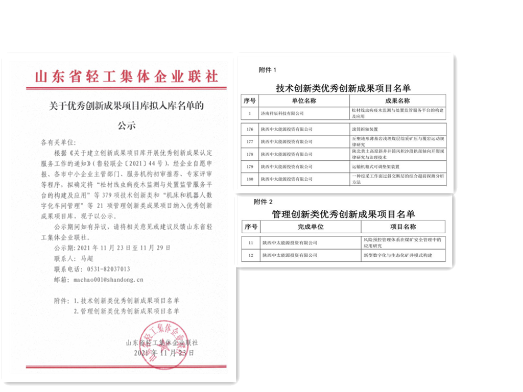 2021年12月1日朱家峁煤礦七項企業創新成果入選山東省輕工集體企業聯社優秀創新成果項目庫（張海龍截圖）.png