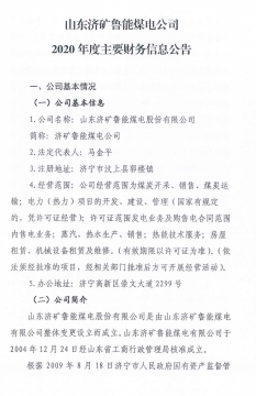 山東濟礦魯能煤電公司2020年度主要財務信息公告