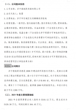 濟寧港航躍進港有限公司2021年度主要預算指標