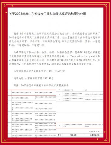 喜訊！霄云煤礦榮獲二項2023年度山東省煤炭工業科學技術獎