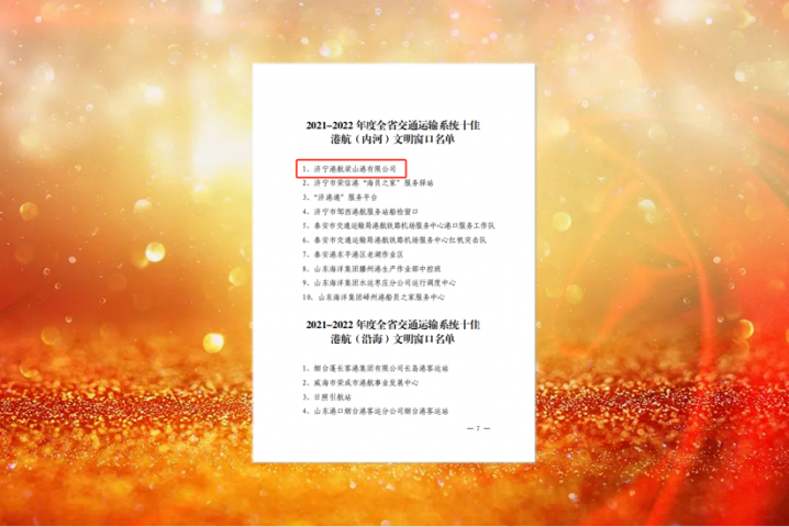 梁山港榮獲全省交通運輸系統“十佳港航（內河）文明窗口”稱號